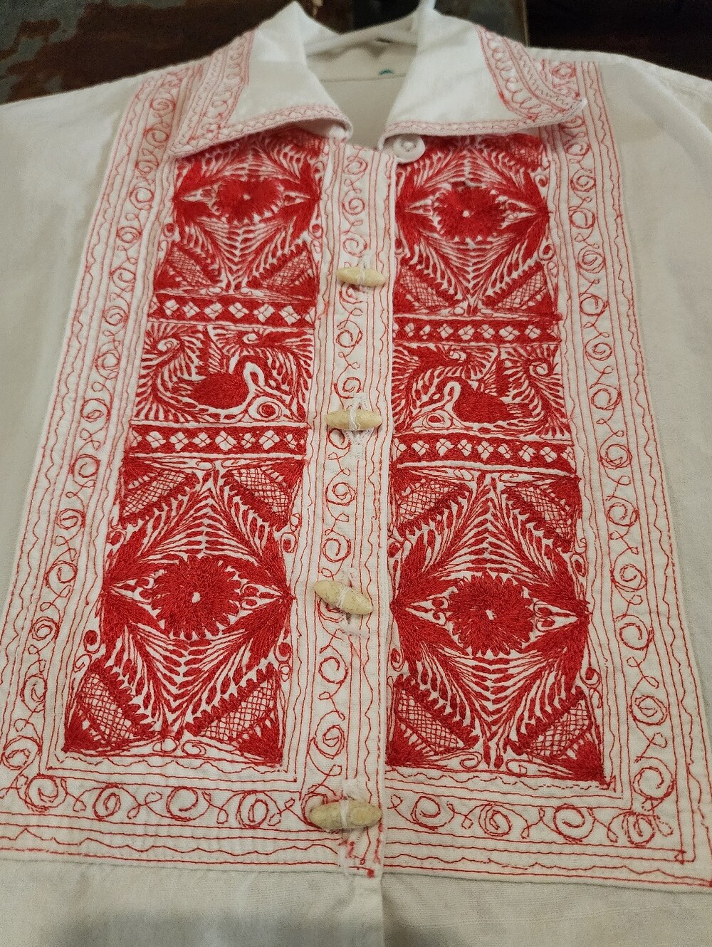 Vintage White Button-Down Shirt with Red Embroidered Yoke